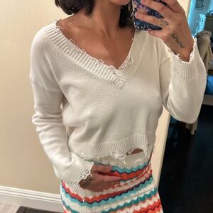 Honey Punch Cream Distressed V-Neck Cropped Sweater Size S